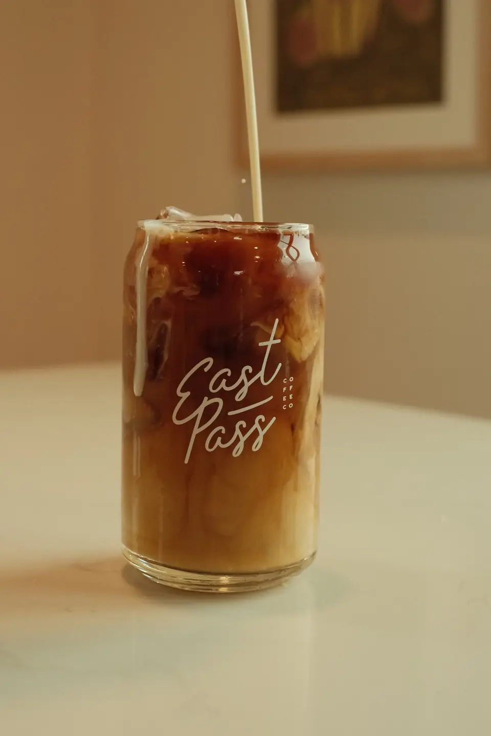 Iced latte in an East Pass glass